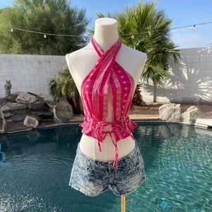 Zara Pink Embroidered Halter Top + Versatile Styling + Y2K Inspired + One Size